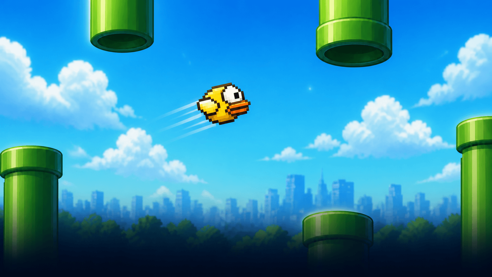 A yellow arcade bird flying between green pipes